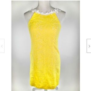 Lilly Pulitzer Yellow Lace Dress, Size 00 White Floral Neckline Scoop Back